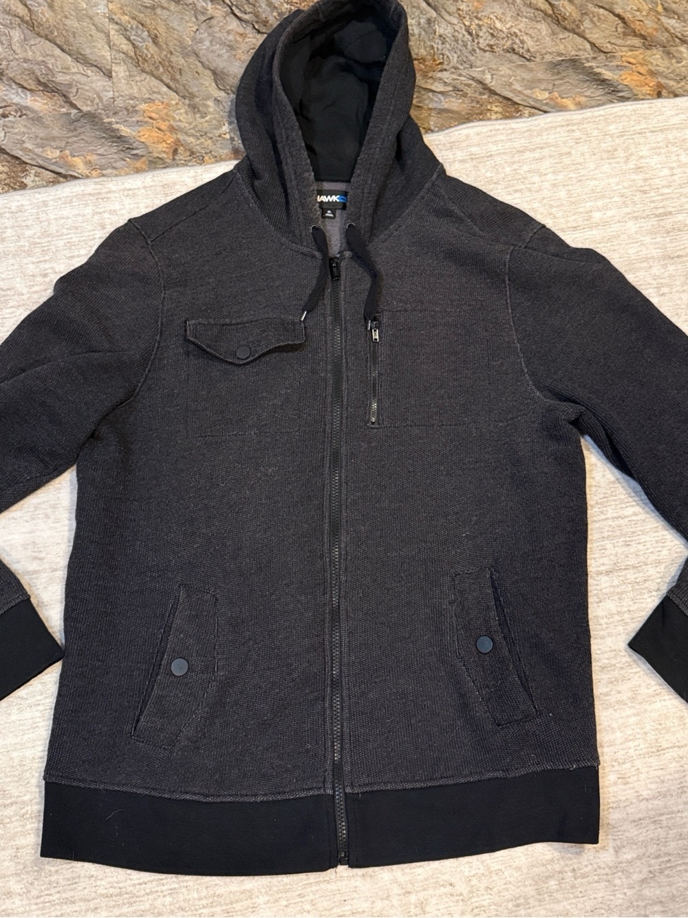 Men's Black Hooded Zip up knit sweatshirt jacket